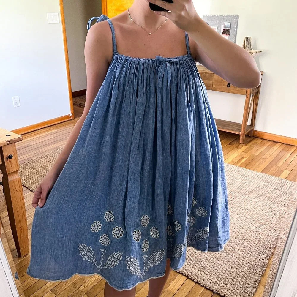Innika Choo Denim Embroidered Tie Strap Pleated Designer Swing Mini Dress 2/M